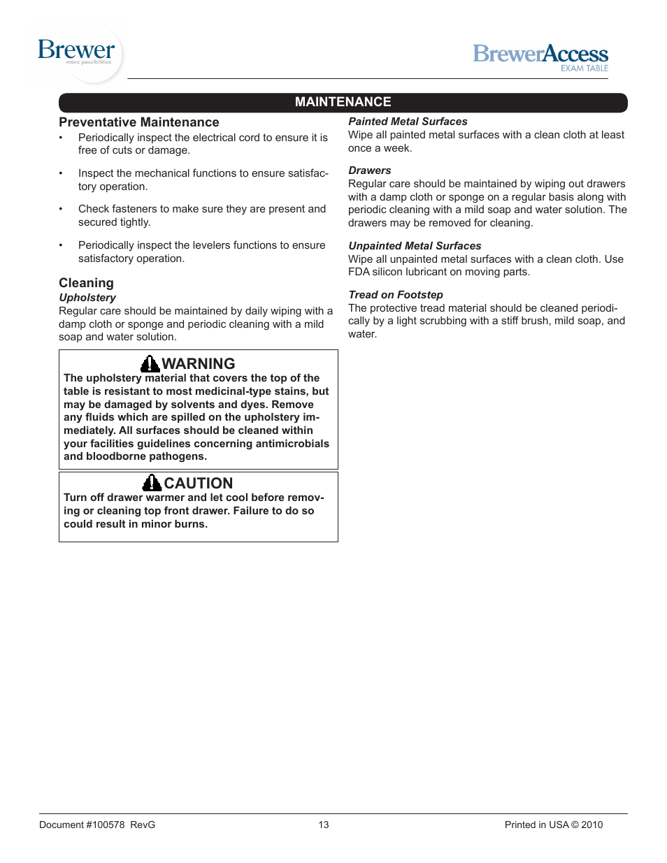 Warning, Caution | Brewer Access Exam 5000/5001 User Manual | Page 13 / 16
