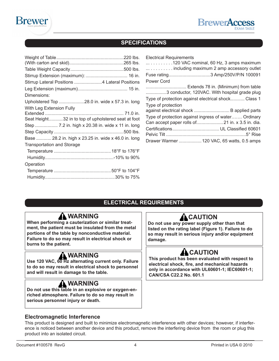 Caution, Warning | Brewer Access Exam 5000/5001 User Manual | Page 4 / 16