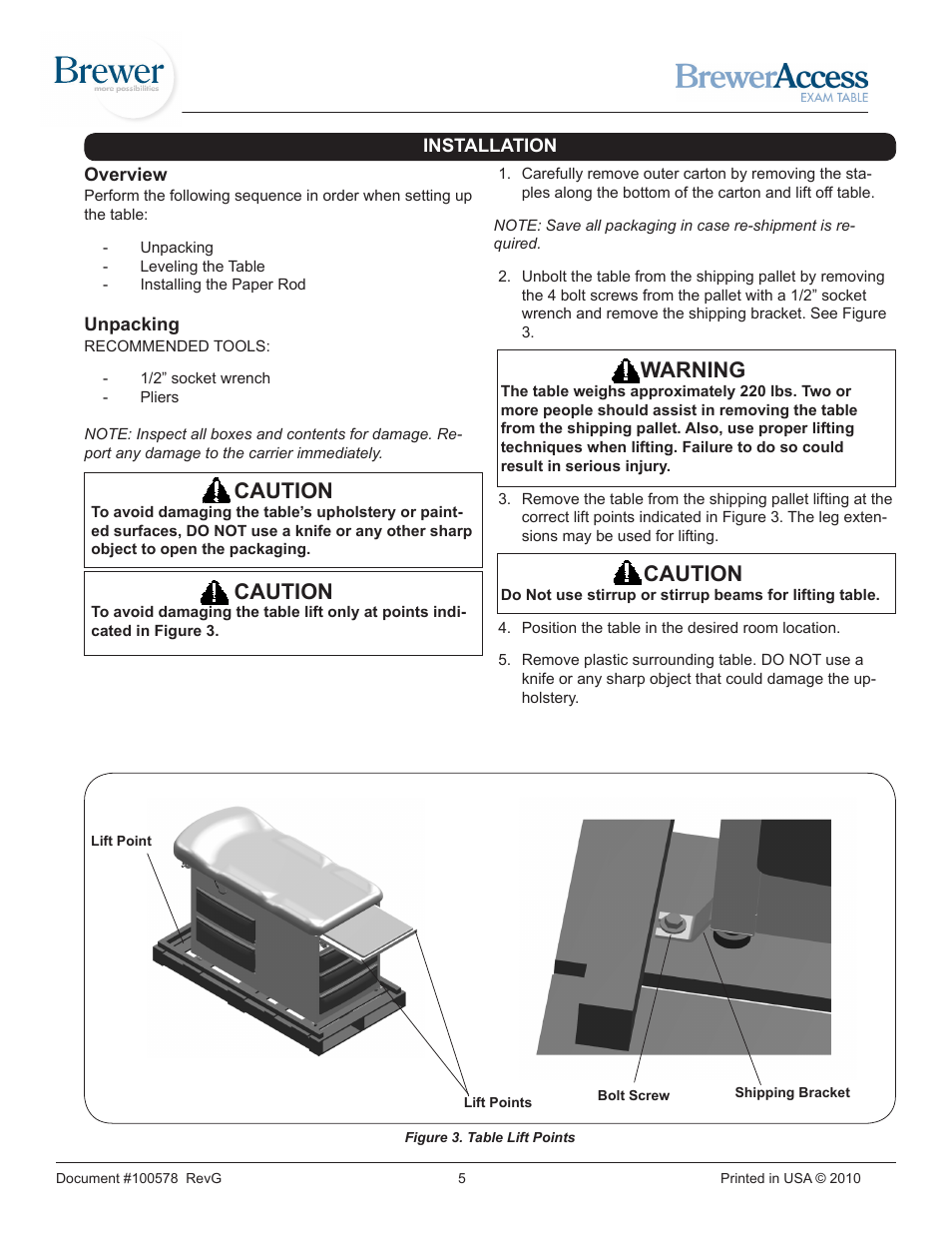 Warning, Caution | Brewer Access Exam 5000/5001 User Manual | Page 5 / 16