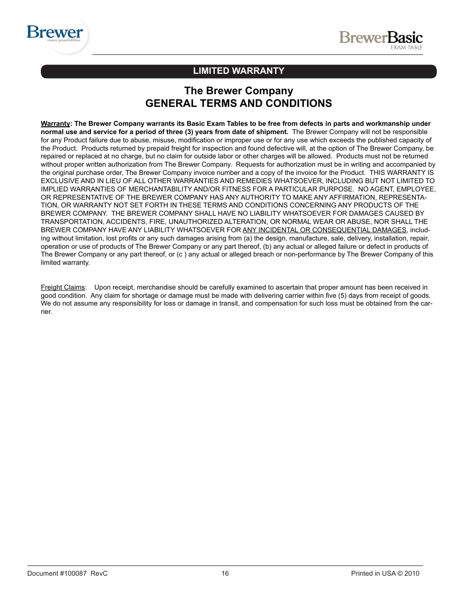 The brewer company general terms and conditions | Brewer Basic 4000/4001 User Manual | Page 16 / 16