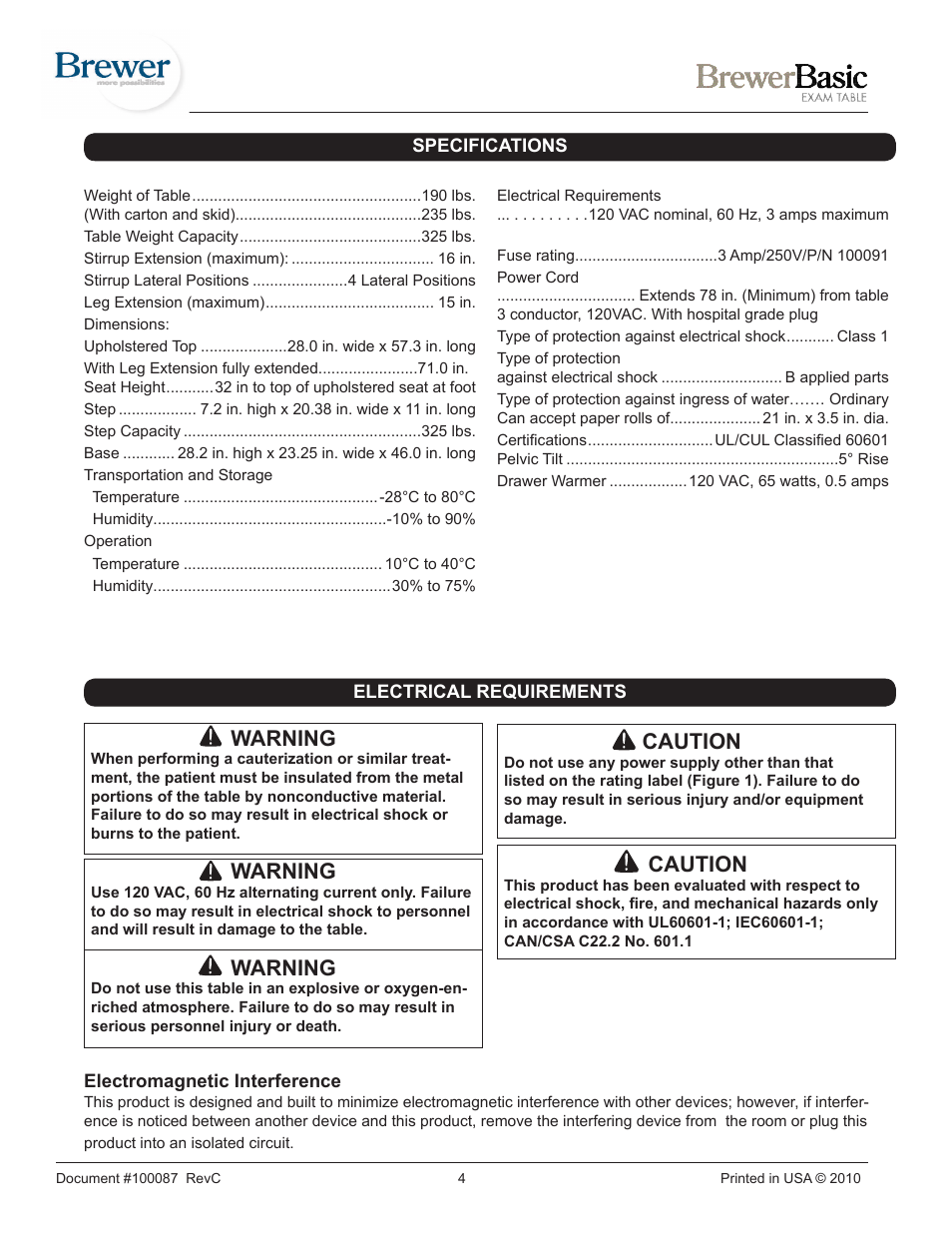 Warning, Caution | Brewer Basic 4000/4001 User Manual | Page 4 / 16