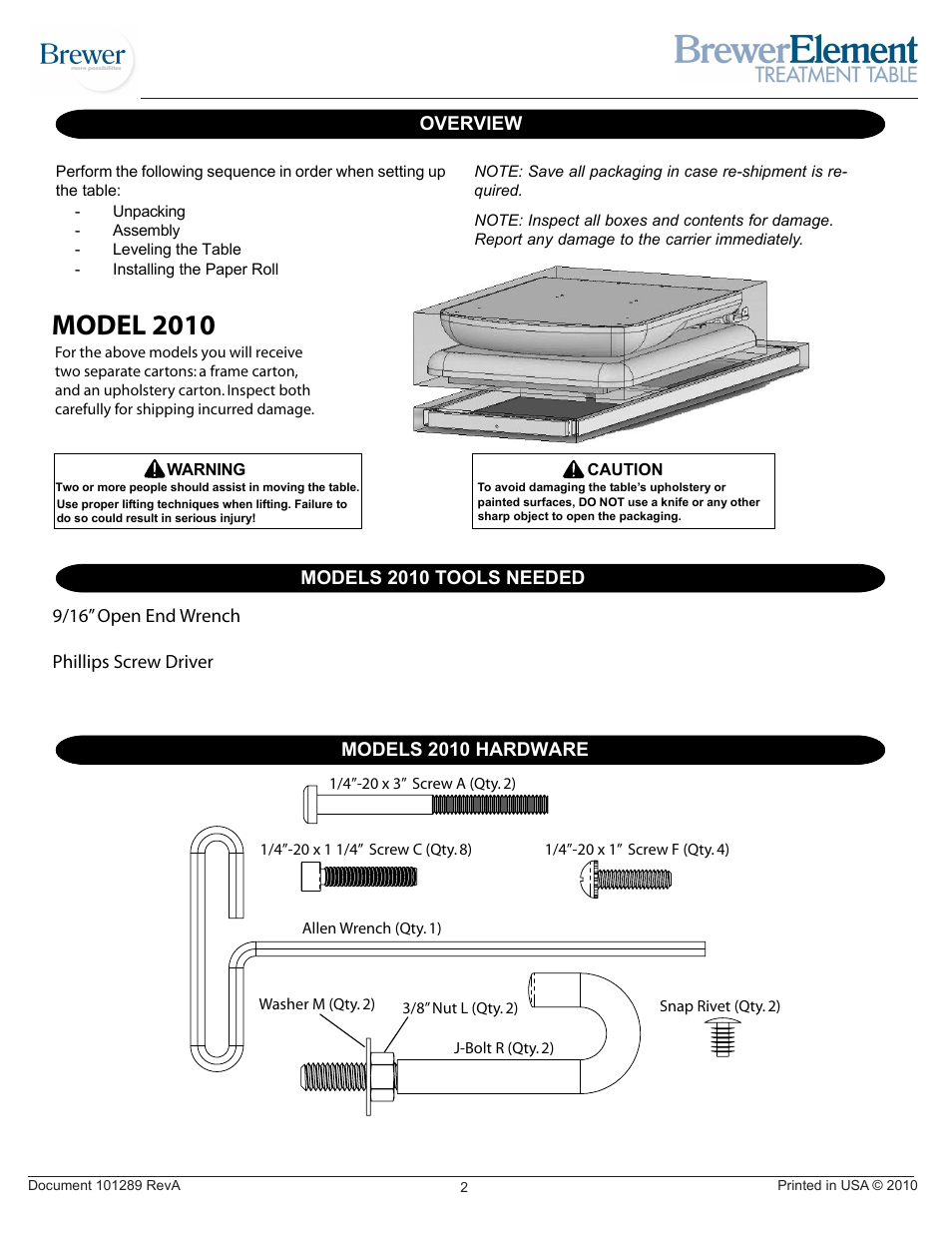 Model 2010, Overview componif models 2010 hardware, Models 2010 tools needed | Brewer Element Treatment 2010 User Manual | Page 2 / 7