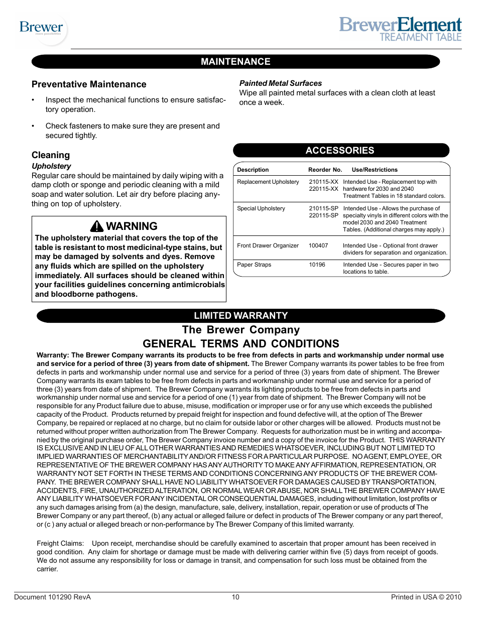 The brewer company general terms and conditions, Warning, Preventative maintenance | Maintenance limited warranty, Cleaning, Accessories | Brewer Element Treatment 2030/2040 User Manual | Page 10 / 11