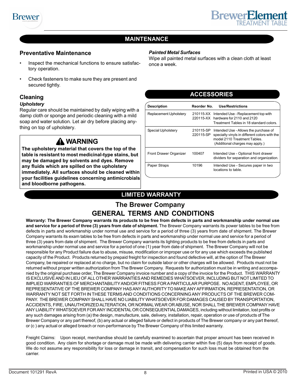 Warning, The brewer company general terms and conditions, Preventative maintenance | Maintenance cleaning, Accessories limited warranty | Brewer Element Treatment 2110 User Manual | Page 8 / 8