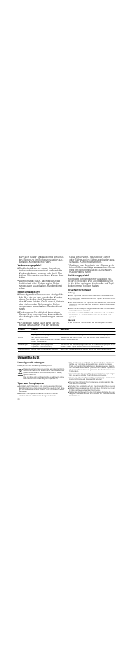 Verbrennungsgefahr, Stromschlaggefahr, Verletzungsgefahr | Ursachen für schäden, Achtung, Übersicht, Umweltschutz, Umweltgerecht entsorgen, Tipps zum energiesparen | Neff N14D30N0 User Manual | Page 20 / 60