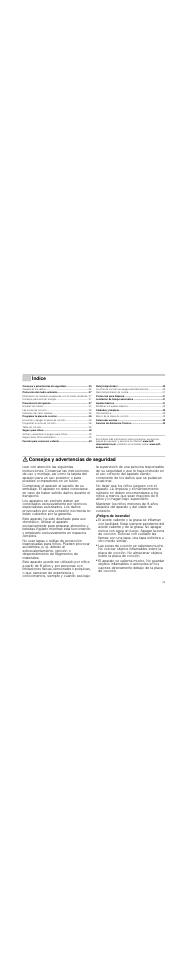 Û índice[es] instrucciones de uso, Consejos y advertencias de seguridad, Peligro de incendio | Índice | Neff N14D30N0 User Manual | Page 35 / 60