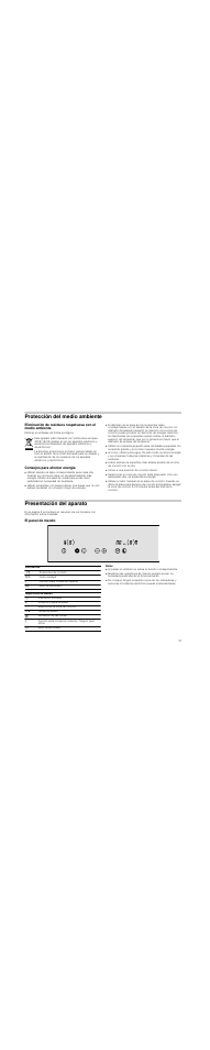 Protección del medio ambiente, Consejos para ahorrar energía, Volver a una posición de cocción inferior | Presentación del aparato, El panel de mando, Notas | Neff N14D30N0 User Manual | Page 37 / 60