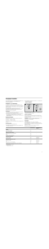 Kookplaat instellen, Kookplaat in- en uitschakelen, Aanwijzingen | Kookzone instellen, Kookstand instellen, Symbool + kookstand 9, Symbool - kookstand 4, Kookzone uitschakelen, Aanwijzing, Kooktabel | Neff N14D30N0 User Manual | Page 47 / 60