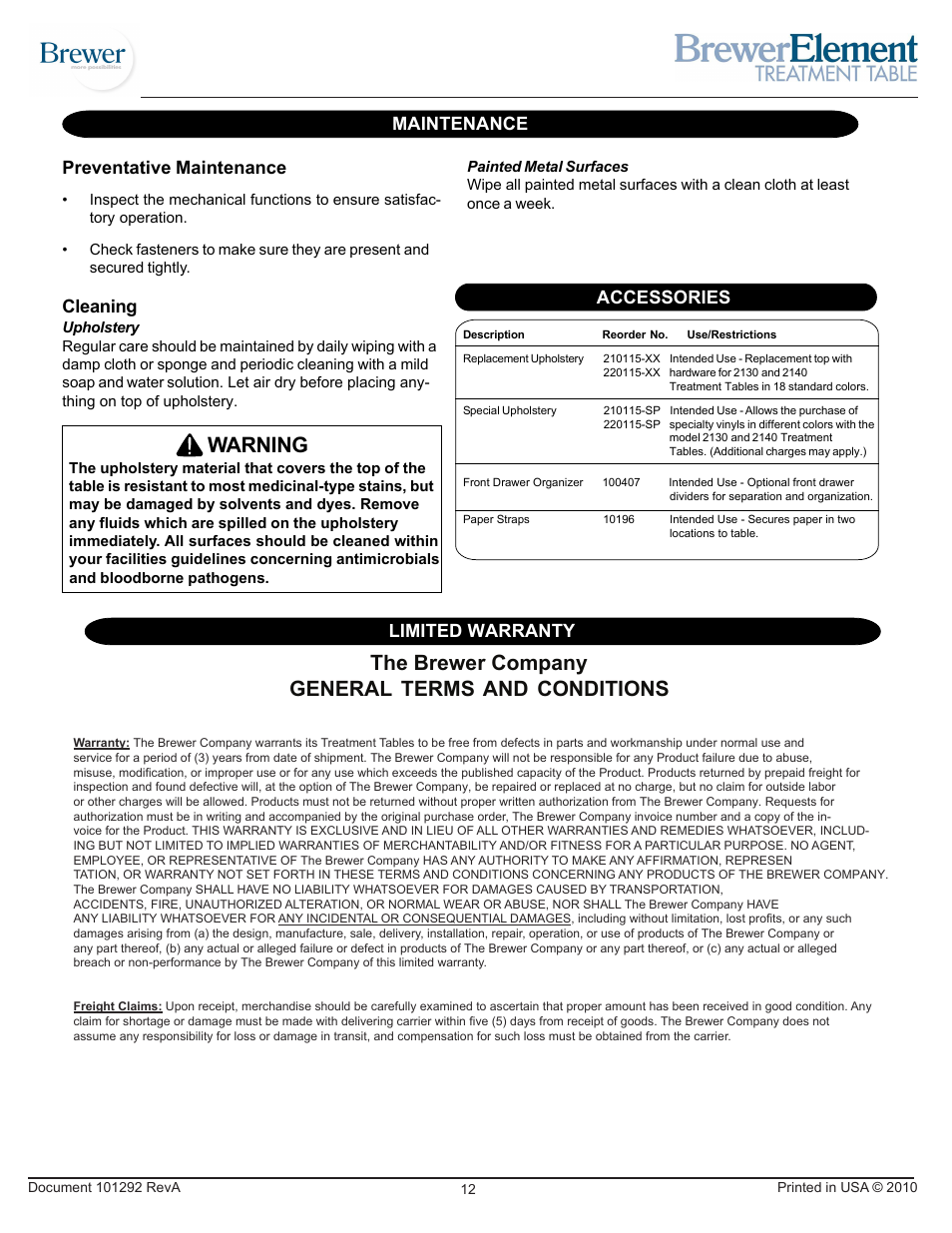 The brewer company general terms and conditions, Warning, Preventative maintenance | Maintenance limited warranty, Cleaning, Accessories | Brewer Element Treatment 2130/2140 User Manual | Page 12 / 12