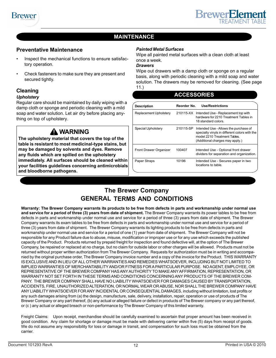 The brewer company general terms and conditions, Warning, Preventative maintenance | Maintenance limited warranty, Cleaning, Accessories | Brewer Element Treatment 2210 User Manual | Page 12 / 12