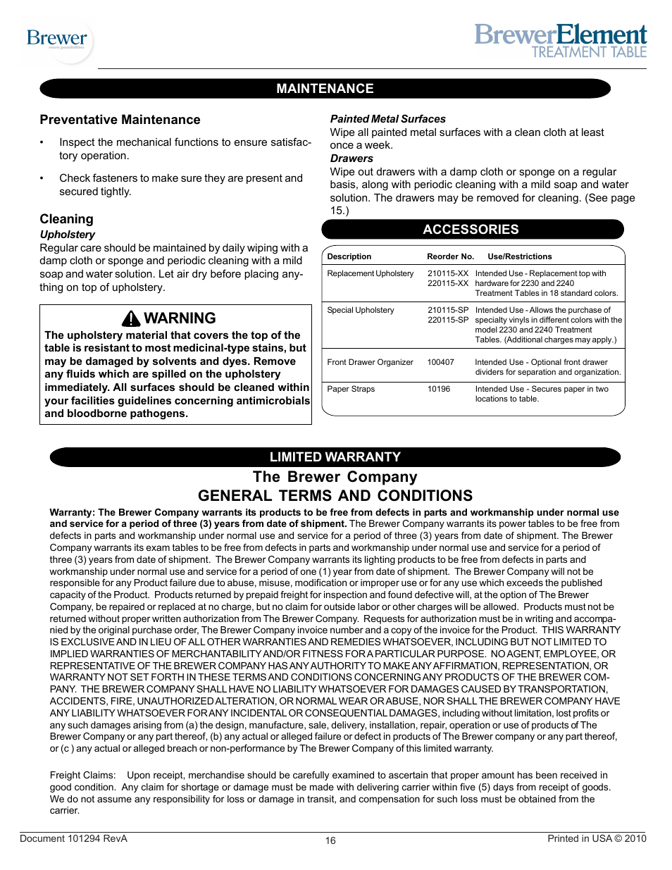 The brewer company general terms and conditions, Warning, Preventative maintenance | Maintenance limited warranty, Cleaning, Accessories | Brewer Element Treatment 2230/2240 User Manual | Page 16 / 16