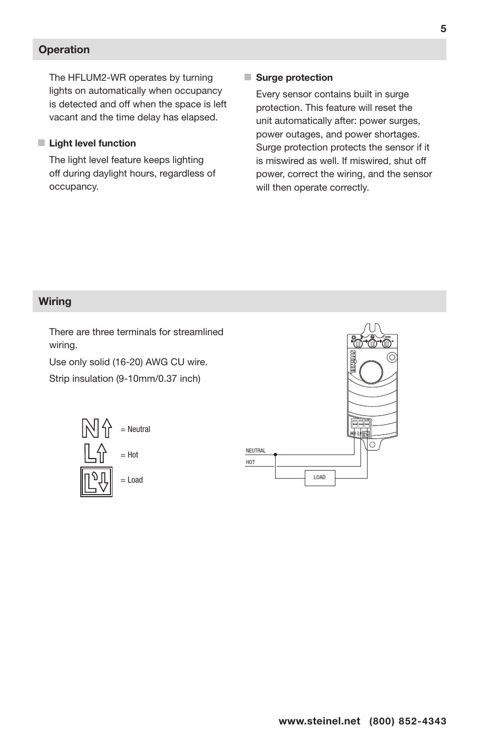 Wiring, Operation | STEINEL HFLUM2-WR User Manual | Page 5 / 9