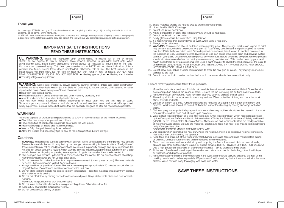 Save these instructions, Cautions | STEINEL HG 350 ESD User Manual | Page 2 / 10