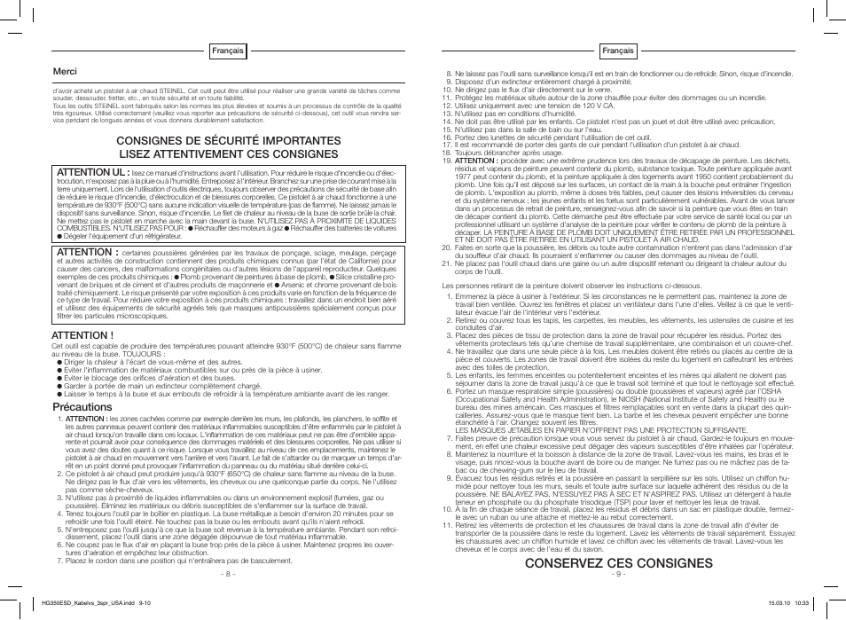 Conservez ces consignes, Précautions | STEINEL HG 350 ESD User Manual | Page 5 / 10