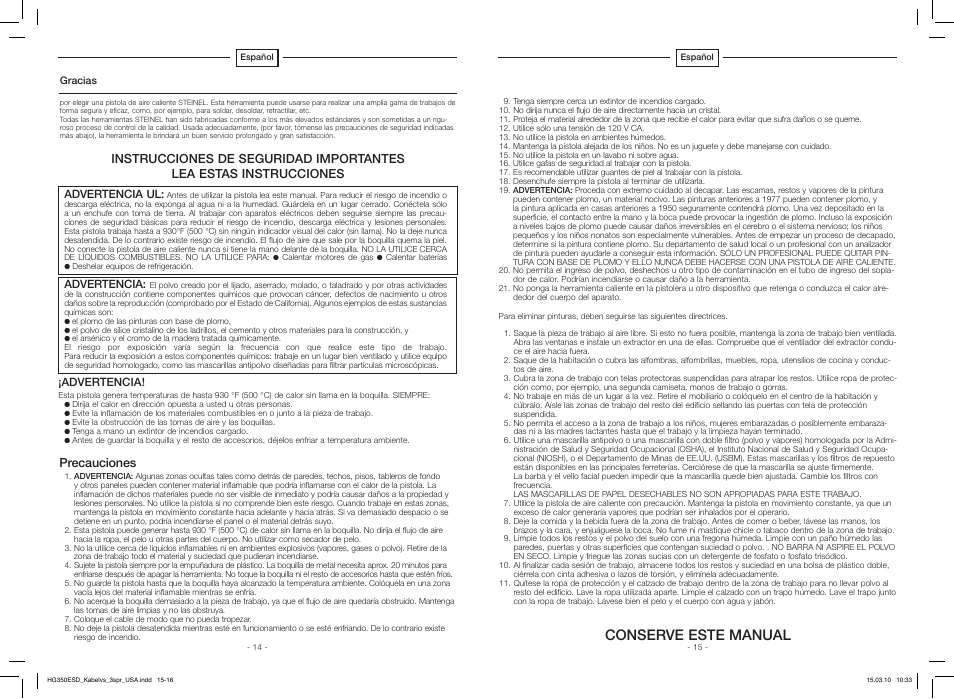 Conserve este manual, Precauciones | STEINEL HG 350 ESD User Manual | Page 8 / 10