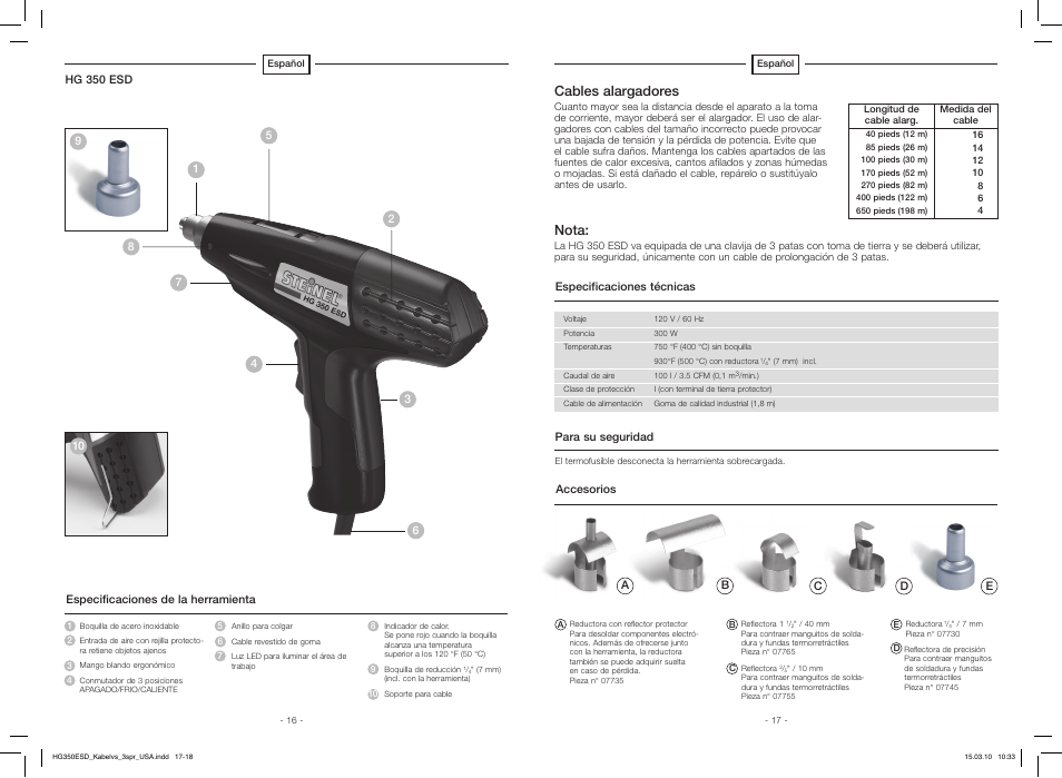 Cables alargadores, Nota | STEINEL HG 350 ESD User Manual | Page 9 / 10