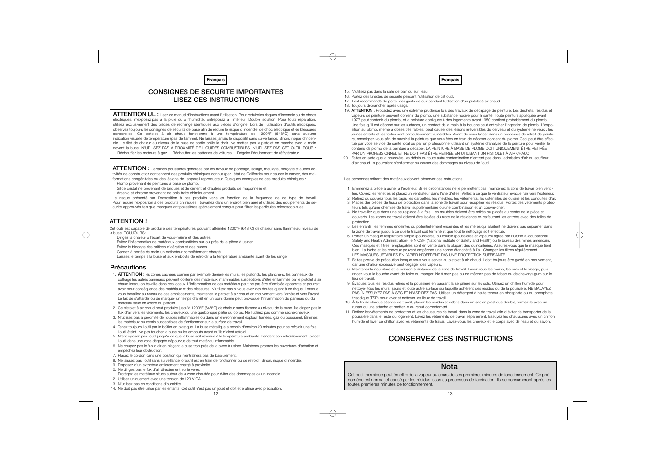 Nota, Conservez ces instructions | STEINEL HB 1750 User Manual | Page 13 / 26