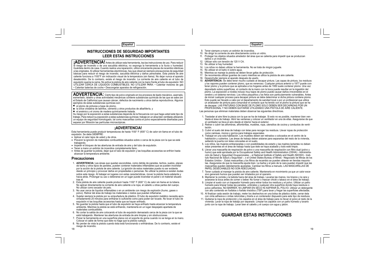 Guardar estas instrucciones, Advertencia | STEINEL HG 2300 EM User Manual | Page 10 / 13