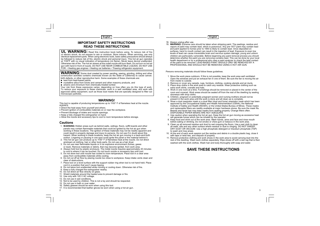Save these instructions, Ul warning, Warning | STEINEL HG 2300 EM User Manual | Page 2 / 13