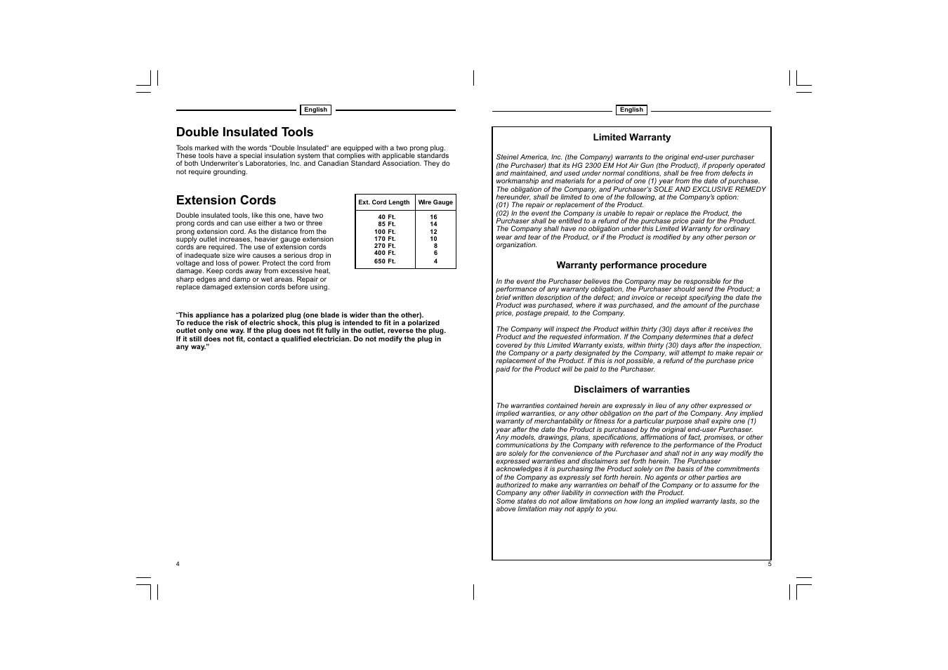 Double insulated tools, Extension cords | STEINEL HG 2300 EM User Manual | Page 3 / 13