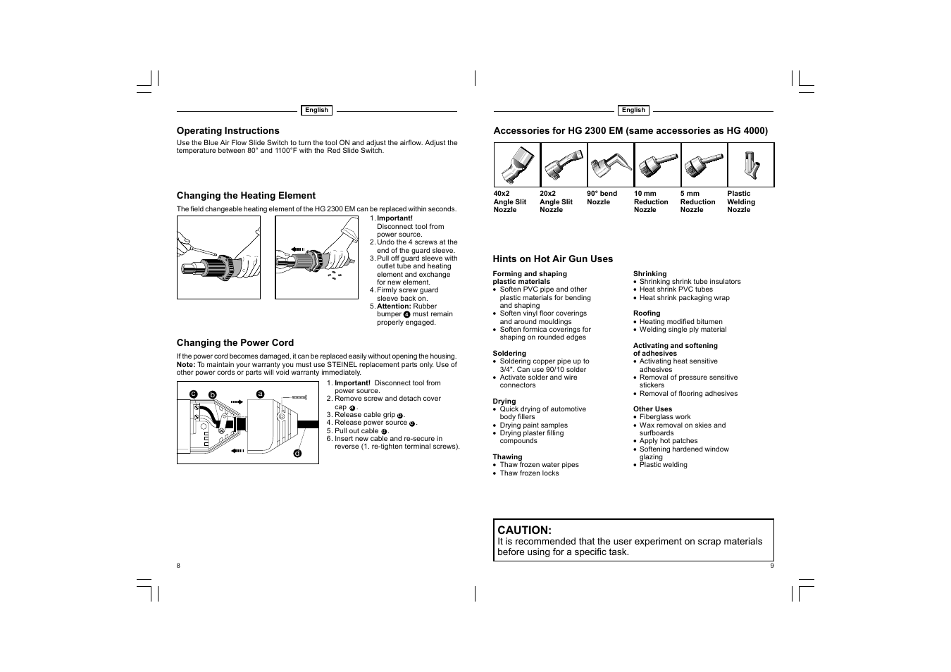 Caution | STEINEL HG 2300 EM User Manual | Page 5 / 13