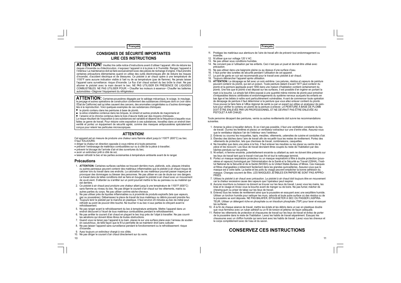 Conservez ces instructions, Attention | STEINEL HG 2300 EM User Manual | Page 6 / 13