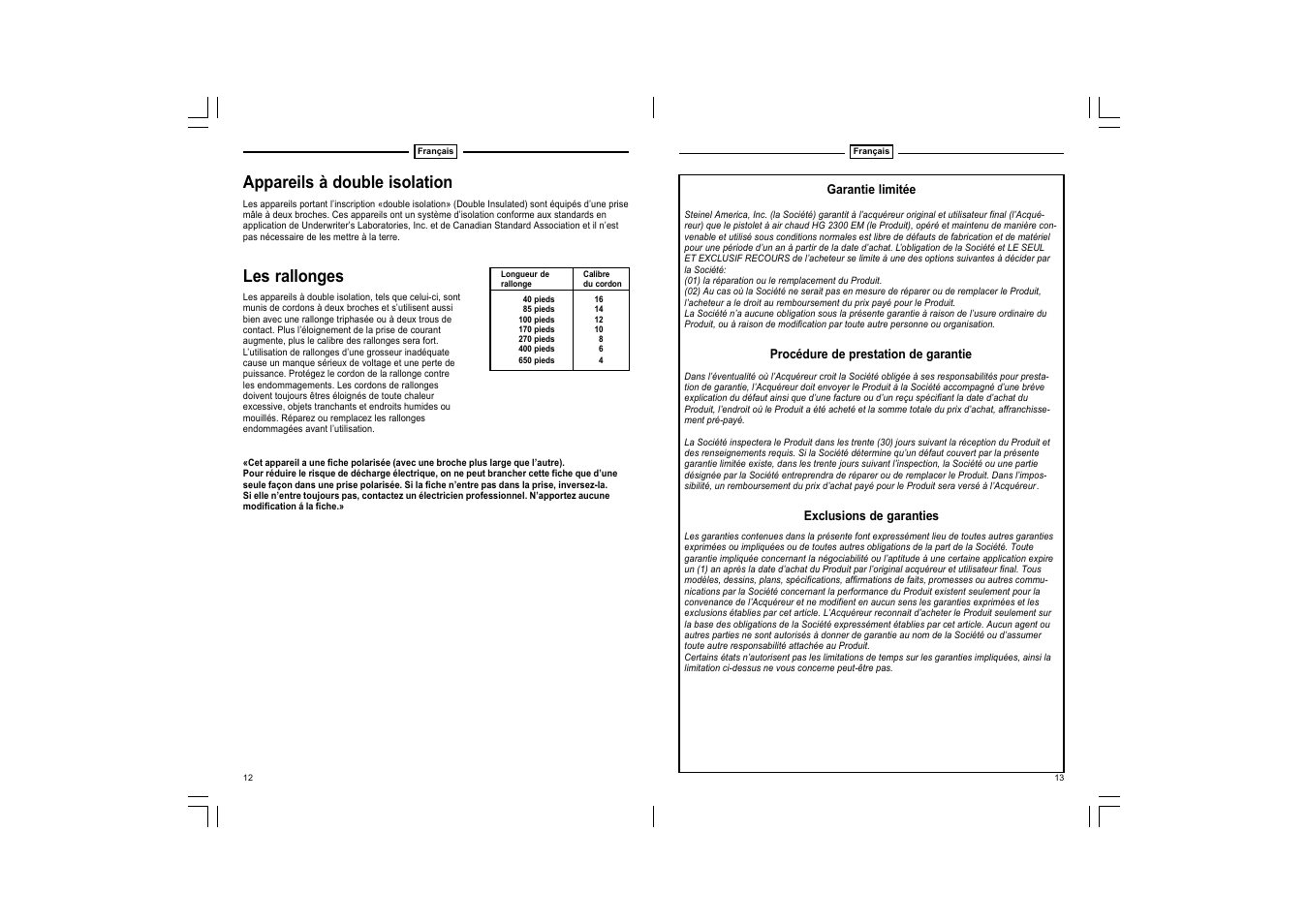 Appareils à double isolation, Les rallonges | STEINEL HG 2300 EM User Manual | Page 7 / 13