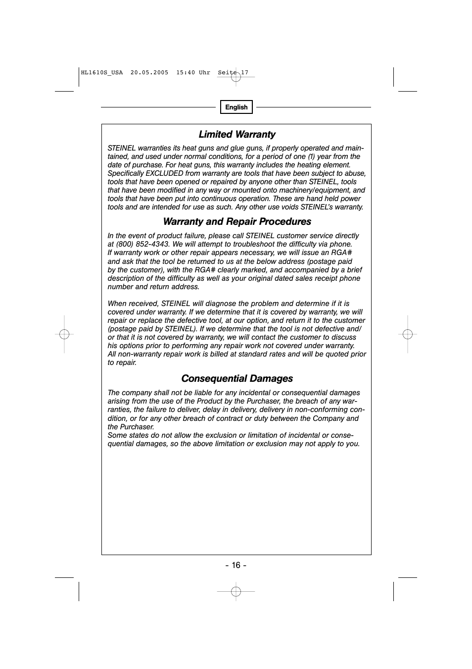 Limited warranty, Warranty and repair procedures, Consequential damages | STEINEL HG 2510 ESD User Manual | Page 16 / 18