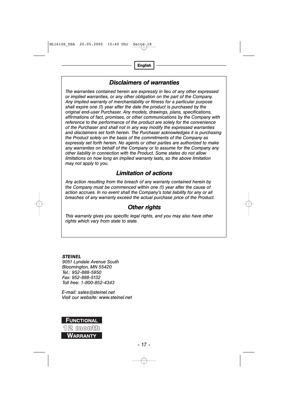 Disclaimers of warranties, Limitation of actions, Other rights | STEINEL HG 2510 ESD User Manual | Page 17 / 18