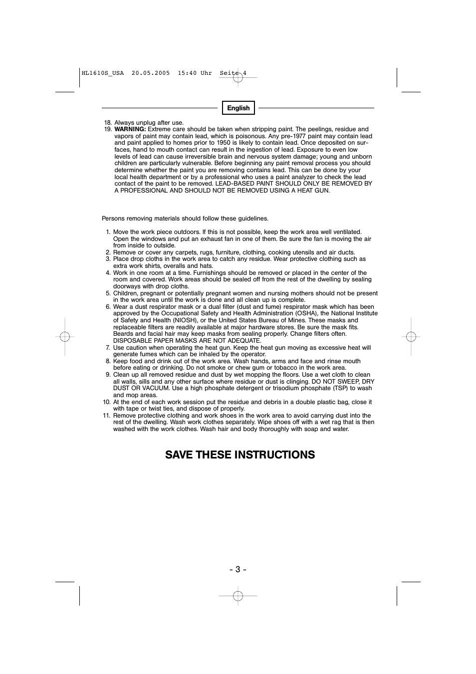 Save these instructions | STEINEL HG 2510 ESD User Manual | Page 3 / 18