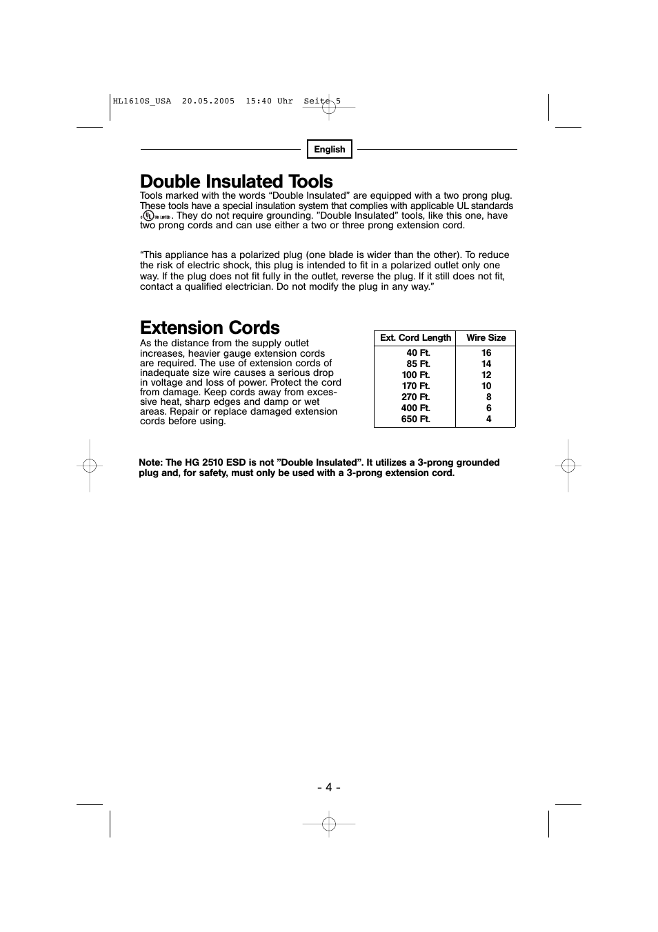 Double insulated tools, Extension cords | STEINEL HG 2510 ESD User Manual | Page 4 / 18