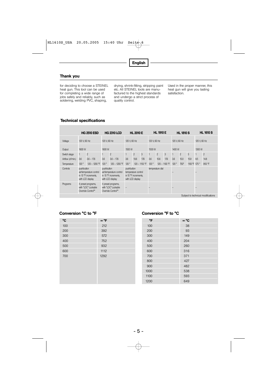 Technical specifications, Conversion °c to °f, Conversion °f to °c | STEINEL HG 2510 ESD User Manual | Page 5 / 18