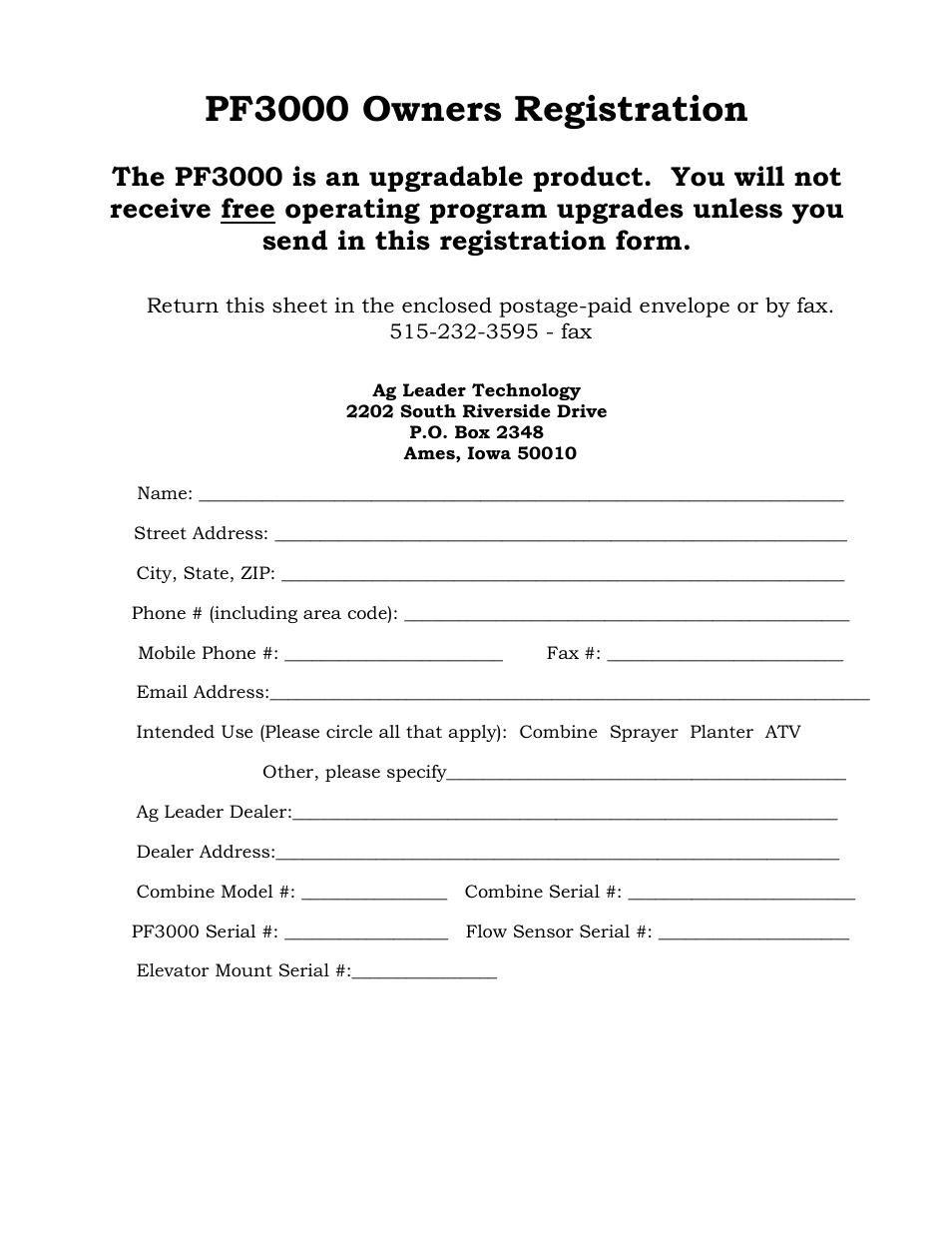 Pf3000 owners registration | Ag Leader PF3000 Harvest & Application Operators Manual User Manual | Page 259 / 259
