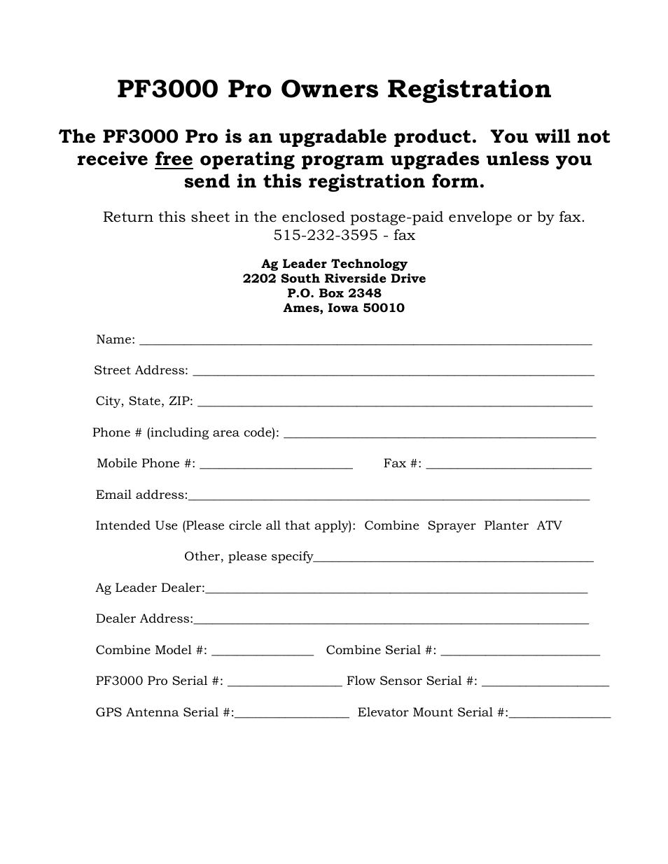 Pf3000 pro owners registration | Ag Leader PF3000Pro Harvest & Application Operators Manual User Manual | Page 293 / 294