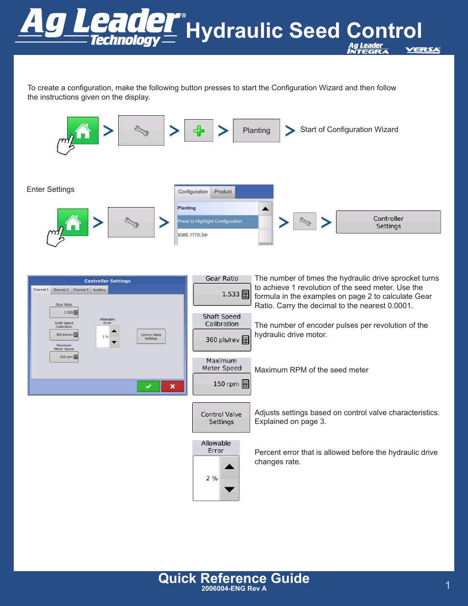 Ag Leader Versa DirectCommand Hydraulic Drive Quick Reference Guides User Manual | 4 pages