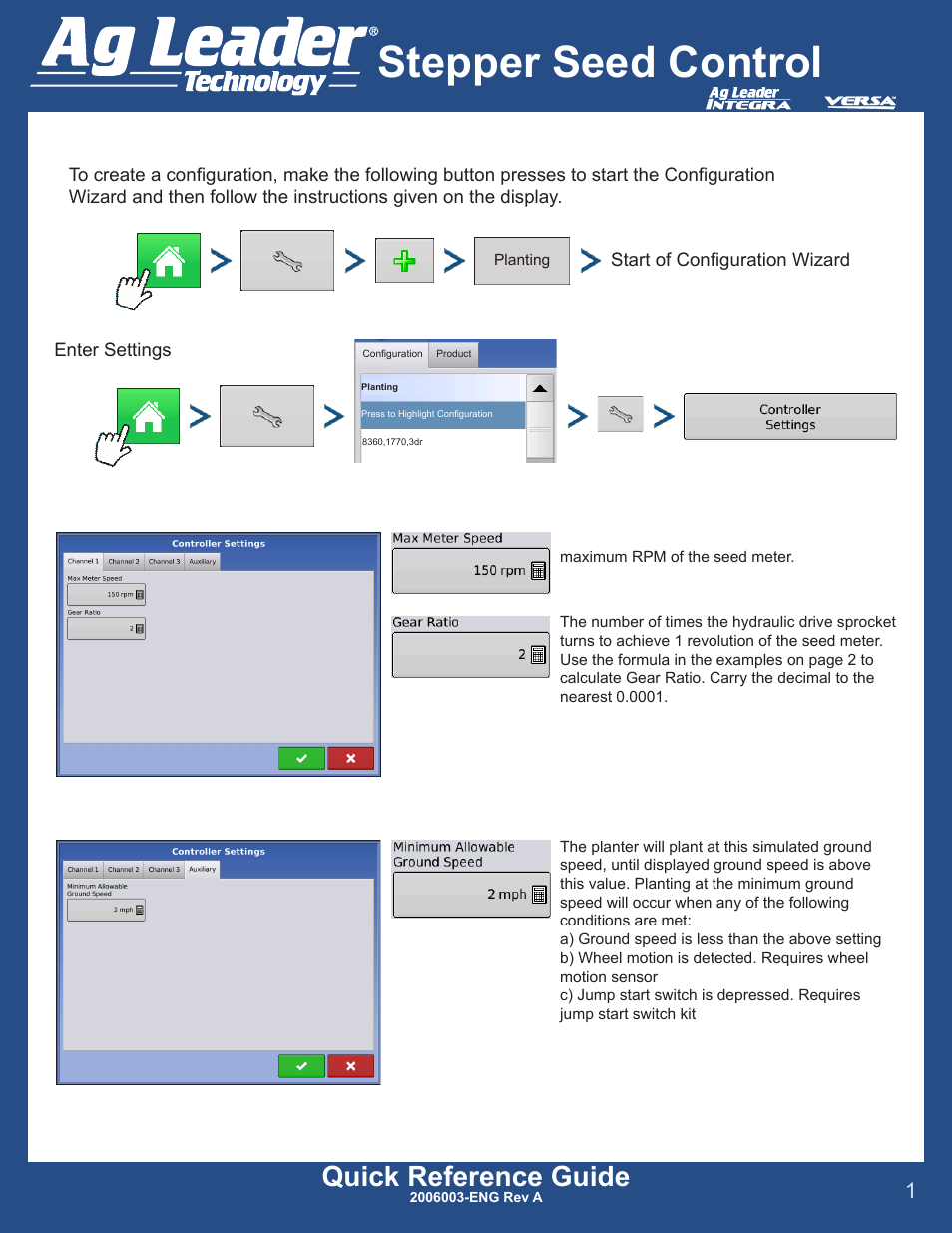 Ag Leader Versa DirectCommand Stepper Seed Control Quick Reference Guides User Manual | 3 pages