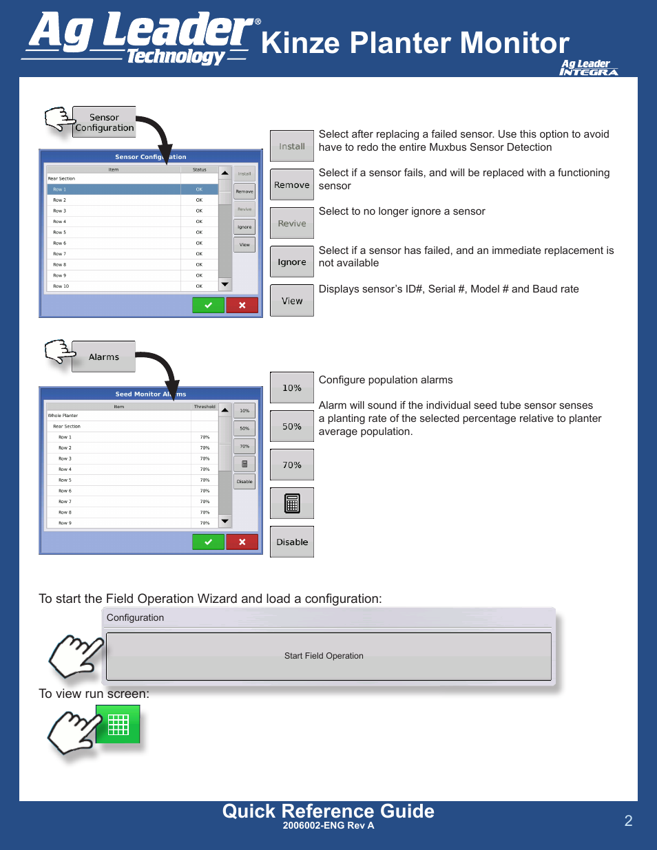 Kinze planter monitor, Quick reference guide | Ag Leader Versa DirectCommand Planter Monitor Module Quick Reference Guides User Manual | Page 2 / 3