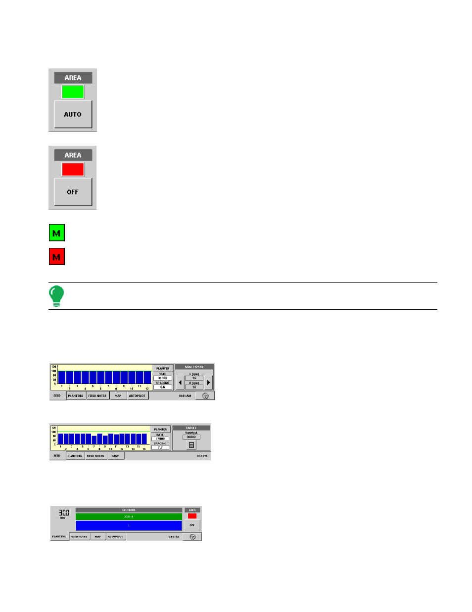 Run screen main tabs, Seed tab (for kinze population monitor), Seed tab (for seed tube monitor module) | Planting tab (for site verification), Creen | Ag Leader InSight Ver.8.0 Users Manual User Manual | Page 155 / 342