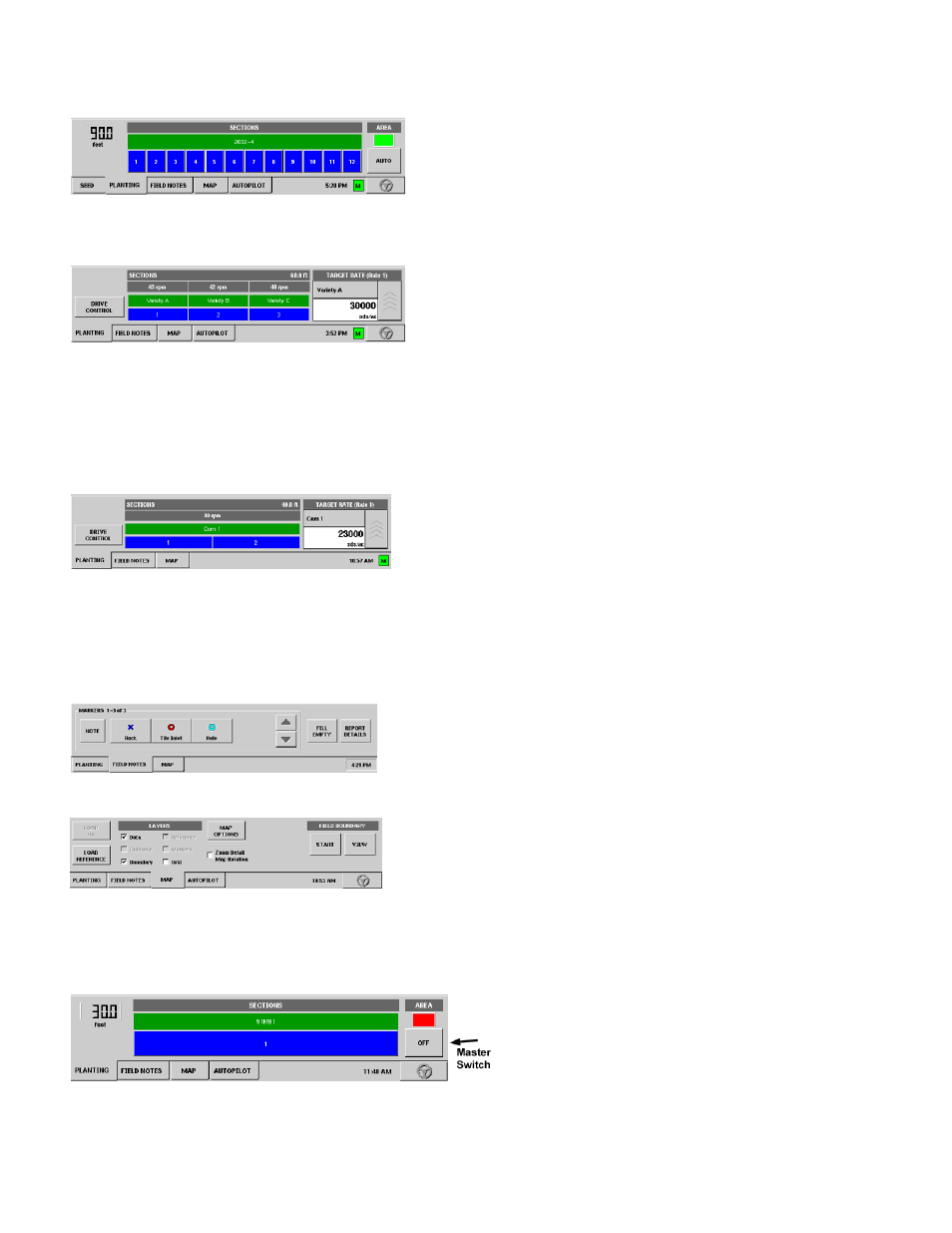 Planting tab (for row shutoff), Planting tab (for stepper seed control), Planting tab (for hydraulic seed control) | Field notes tab, Map tab, Area and rate logging/ control, Planting tab - site verification, Planting tab, Rea and, Ogging | Ag Leader InSight Ver.8.0 Users Manual User Manual | Page 156 / 342