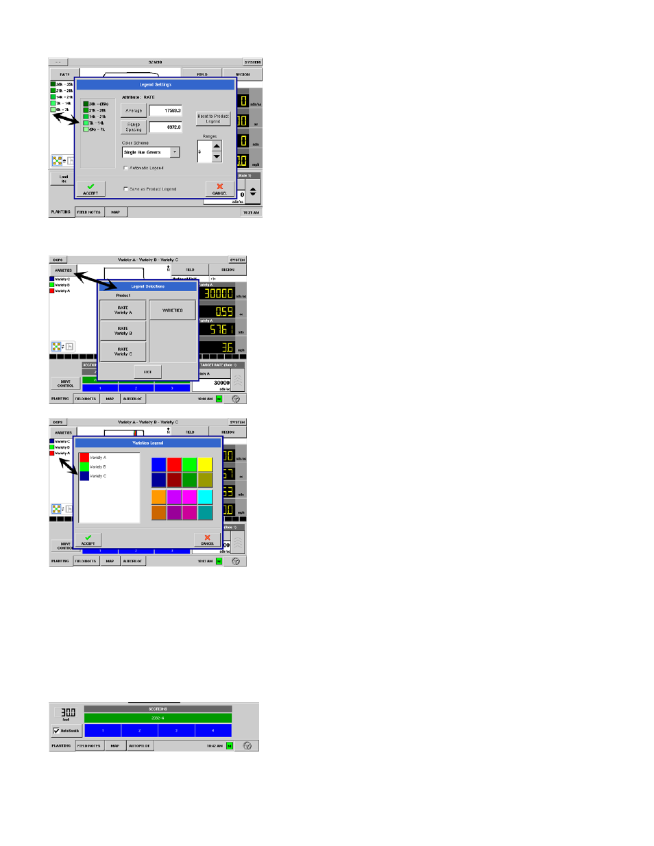Variety legend selections, Run screen operations for specific configurations, Row shutoff, run screen operation | Information, see, And varieties legend, Creen, Perations for specific configurations, Hutoff, Peration | Ag Leader InSight Ver.8.0 Users Manual User Manual | Page 162 / 342