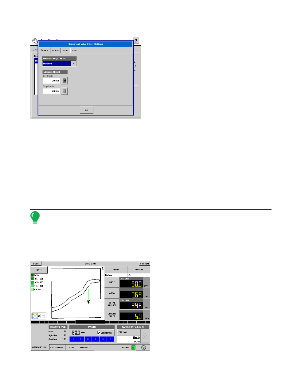 Minimum height settings, Run screen operation, Run screen buttons - general | Creen, Peration | Ag Leader InSight Ver.8.0 Users Manual User Manual | Page 231 / 342