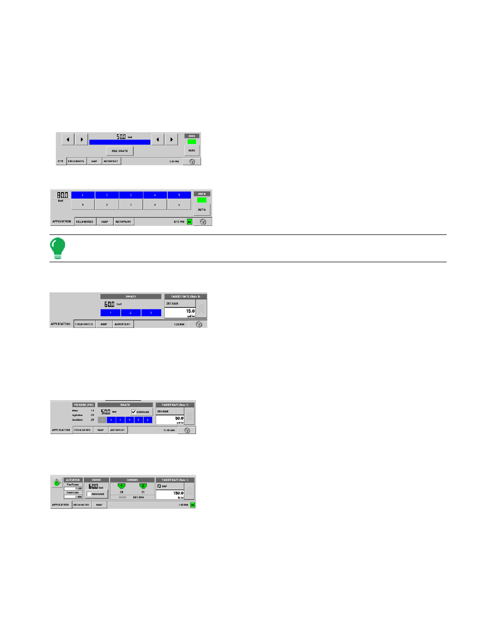 Run screen - main tabs, Application tab - site verification, Application tab - flow meter | Application tab - serial controller, Direct command run screen examples, Application tab - spinner spreader, Creen | Ag Leader InSight Ver.8.0 Users Manual User Manual | Page 235 / 342