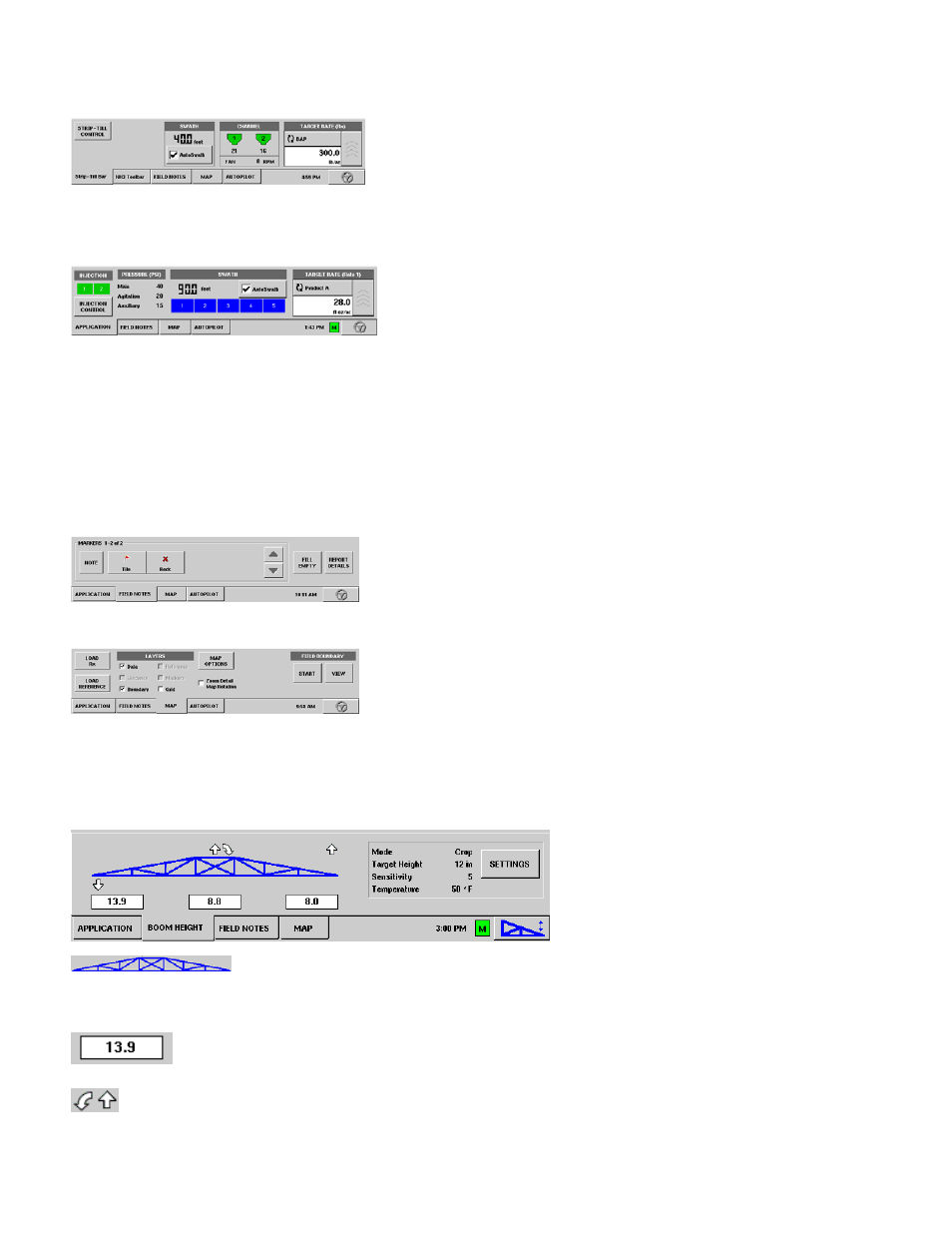 Application tab - strip till, Application tab - direct injection, General application tabs | Field notes tab, Map tab, Norac uc5 run screen environment, Boom height tab, Field notes tab map tab, More information, see, Norac uc5 r | Ag Leader InSight Ver.8.0 Users Manual User Manual | Page 236 / 342