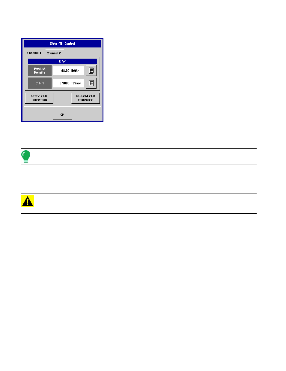Strip till control settings, Static cfr calibration procedure (strip-till), Strip till | Trip, Ontrol, Ettings | Ag Leader InSight Ver.8.0 Users Manual User Manual | Page 254 / 342