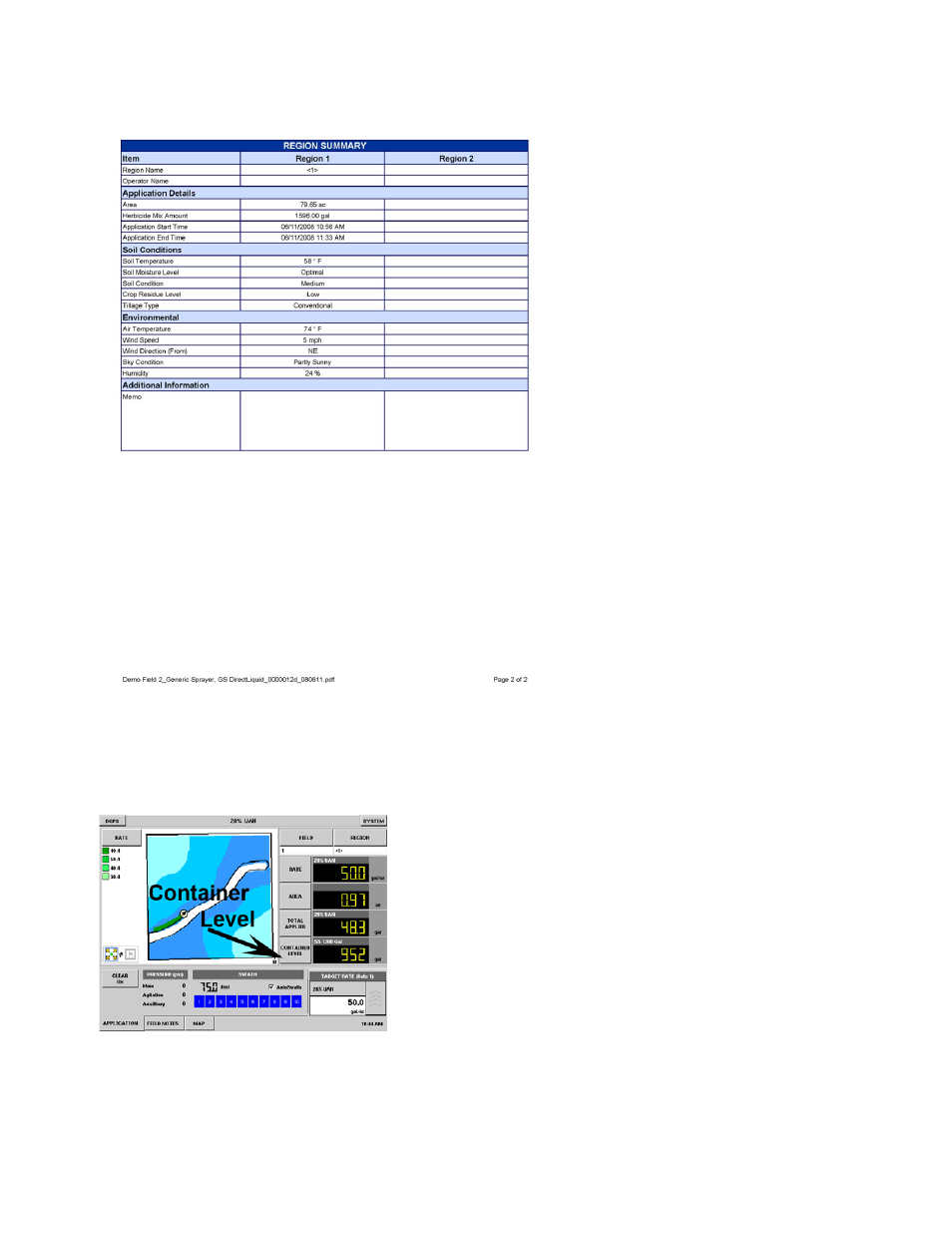 Region summary report content, Liquid container level tracking, Liquid container level monitoring at run screen | Iquid, Ontainer, Evel, Racking | Ag Leader InSight Ver.8.0 Users Manual User Manual | Page 263 / 342