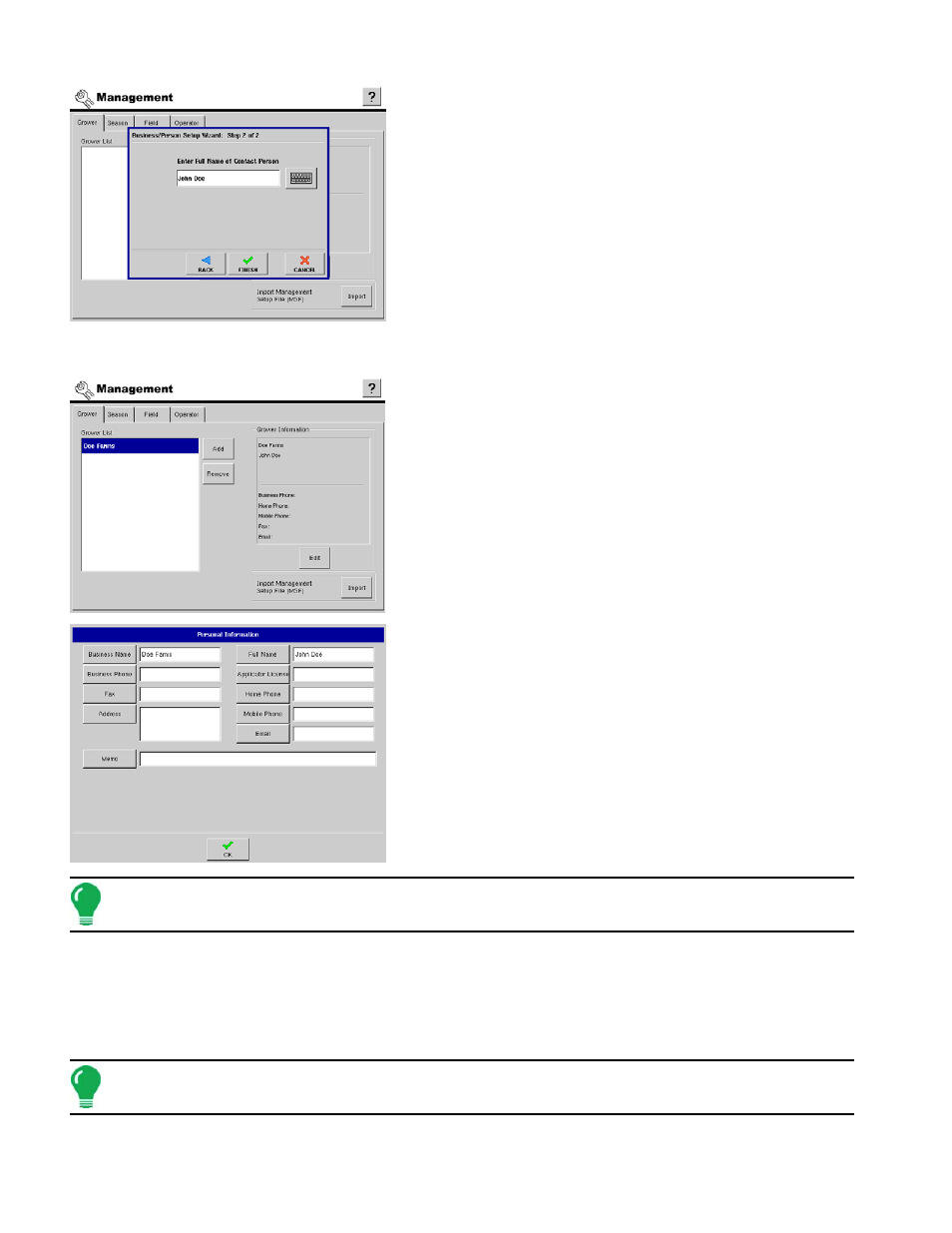 Adding or editing grower personal information, Importing a management setup file, Information, see | Importing a | Ag Leader InSight Ver.8.0 Users Manual User Manual | Page 30 / 342