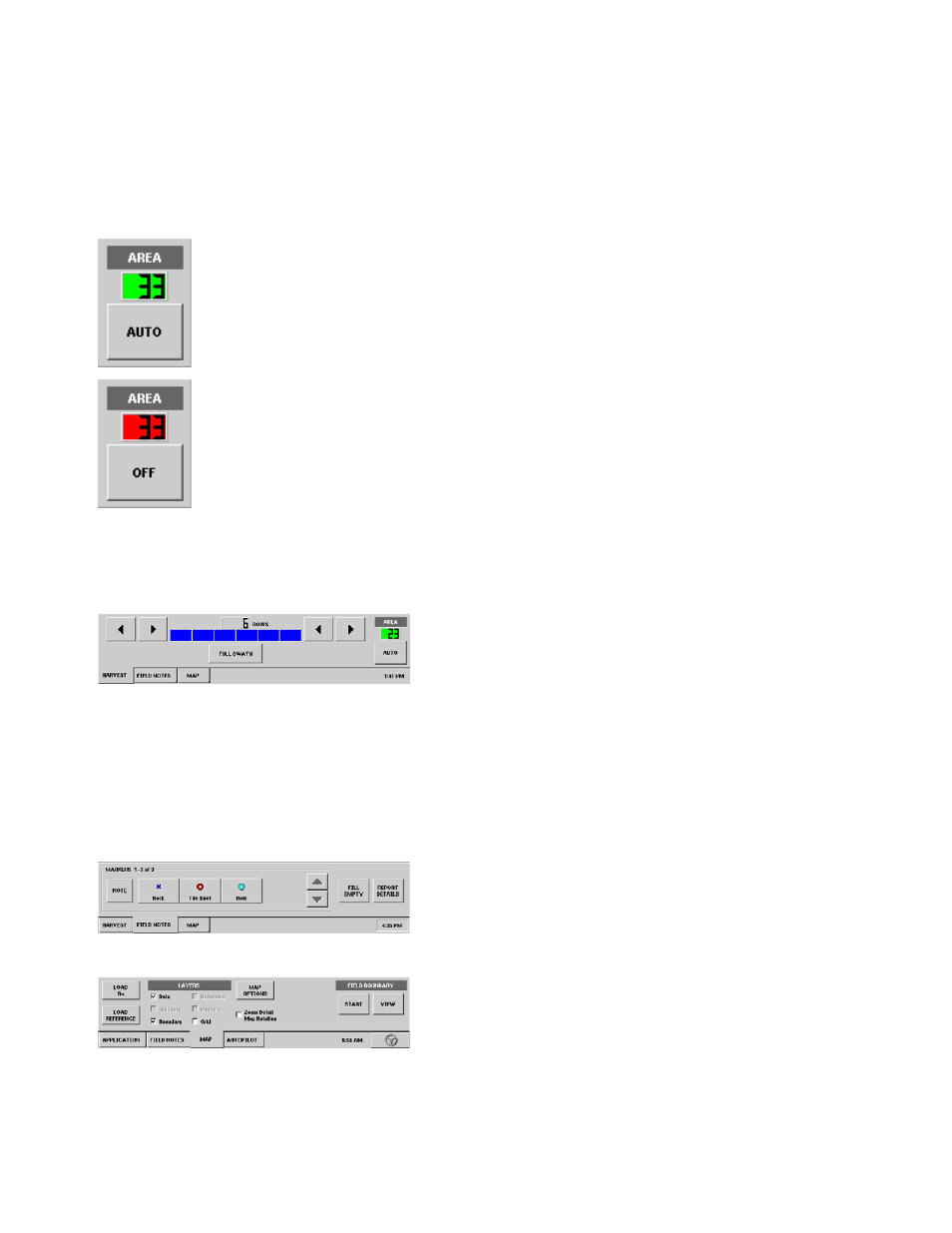 Run screen main tabs, Harvest tab, Field notes tab | Map tab, Harvest tab field notes tab map tab, Creen | Ag Leader InSight Ver.8.0 Users Manual User Manual | Page 313 / 342