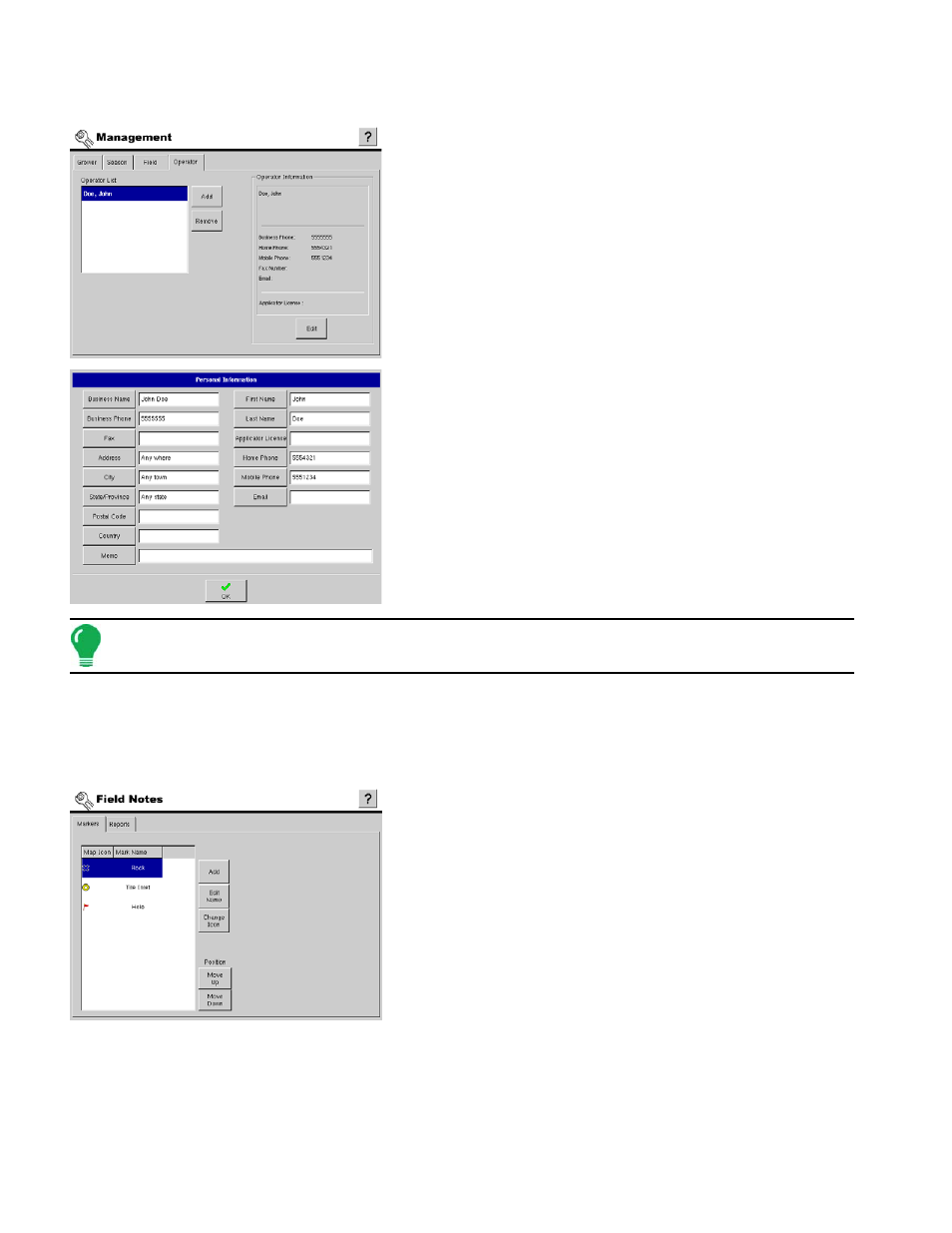 Adding or editing operator personal information, Field notes configuration, Field notes setup screen | Adding or editing, Ield, Otes, Onfiguration | Ag Leader InSight Ver.8.0 Users Manual User Manual | Page 36 / 342