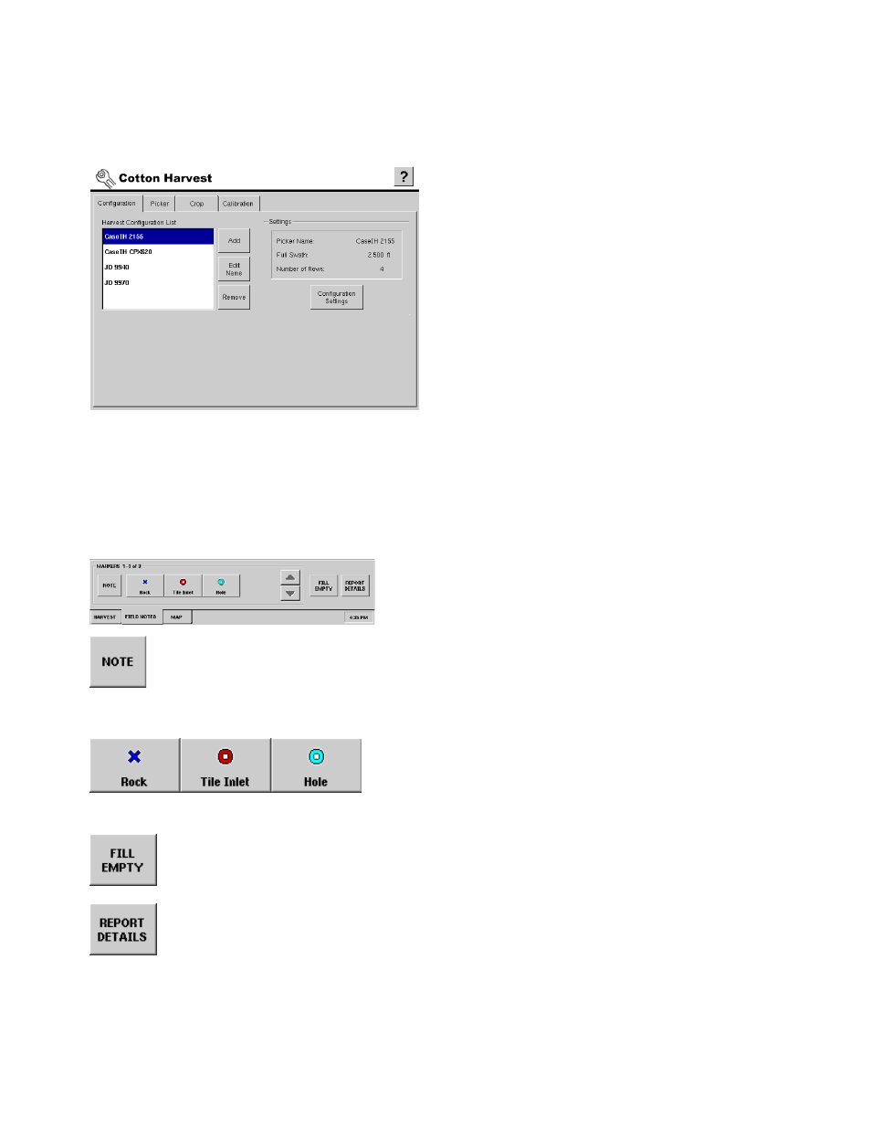 Cotton harvest yield monitoring setup, Run screen general tabs, Field notes tab | Using field notes, Field notes tab using field notes, Creen, Eneral | Ag Leader InSight Ver.8.0 Users Manual User Manual | Page 47 / 342