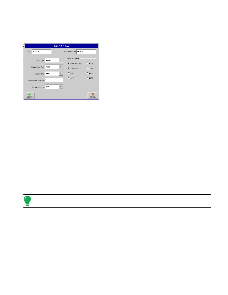 Gps serial port settings, Serial port settings, Functions. for more information, see | Gps s, Erial, Ettings | Ag Leader InSight Ver.8.0 Users Manual User Manual | Page 53 / 342
